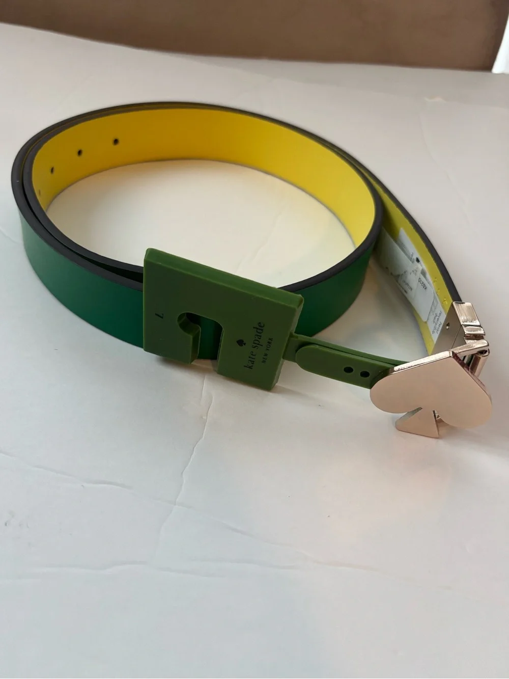 Kate Spade Women Twist Reversible Leather Belt Green Yellow Spade Buckle L & XL
